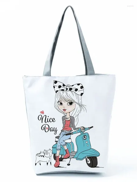 Sacs d'épaule Cartoon Girl Imprimé sac à main Fashion Blue Electric Car Graphic Women Sac réutilisable Haut-capacité Shopping peut personnaliser