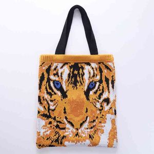 Sacs à bandoulière Casual Tiger Pattern Tricot Fourre-tout Sac Faux Laine Femmes Tissé Lady Sacs À Main Crochet Grande Capacité Shopper Sacs À Main 220920