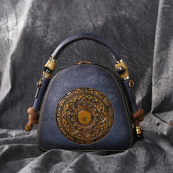 Sacs à bandoulière Style chinois Vintage pour femmes, sacs à main en cuir de vache, sacoche à motif de gaufrage fleur, Design Unique