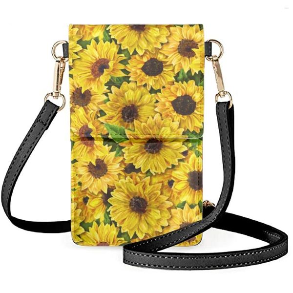 Bolsos de Hombro Coloranimal Pintura al óleo Girasol Bandera Americana Lindo Bolso de Cuero para Mujer Cartera Informal Larga Vacaciones Ligeras