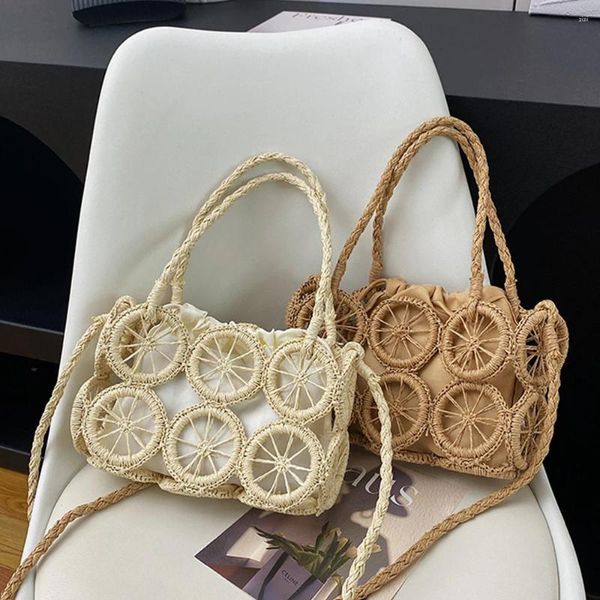 Bolsos de hombro con rodajas de limón para mujer, bolsa de paja, tejido hueco bohemio, bolsos de mano, cuerda de papel, bandolera de viaje para playa