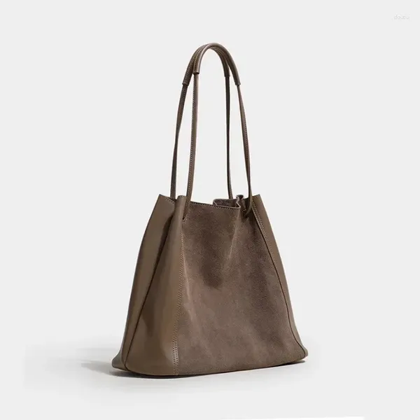 Bolsos de hombro de diseñador Retro para mujer, bolsos de piel auténtica de ante, bolso tipo cubo de gran capacidad, bolso para compras grande, 2024