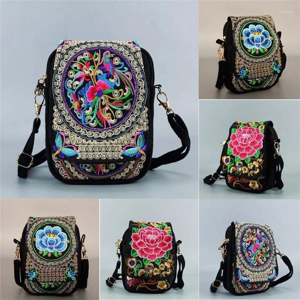 Sacs à bandoulière Style ethnique sac femme Mini diagonale toile petite fleur carrée polyvalent mobile zéro portefeuille