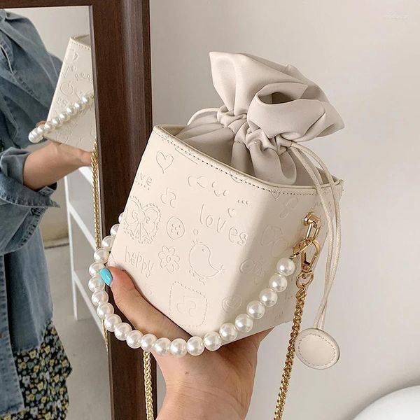 Sacs à bandouliers Fashion Pearls Perls Handle Handle Box Tote Messenger Crossbody Clutch Woman Sac Pu Leather