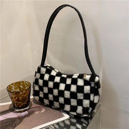 Schoudertassen Mode Plaid Tote Student Kleine Vierkante Tas Imitatie Lam Casual Pluche Handtassen Shopper Dames Bolso De Hombro