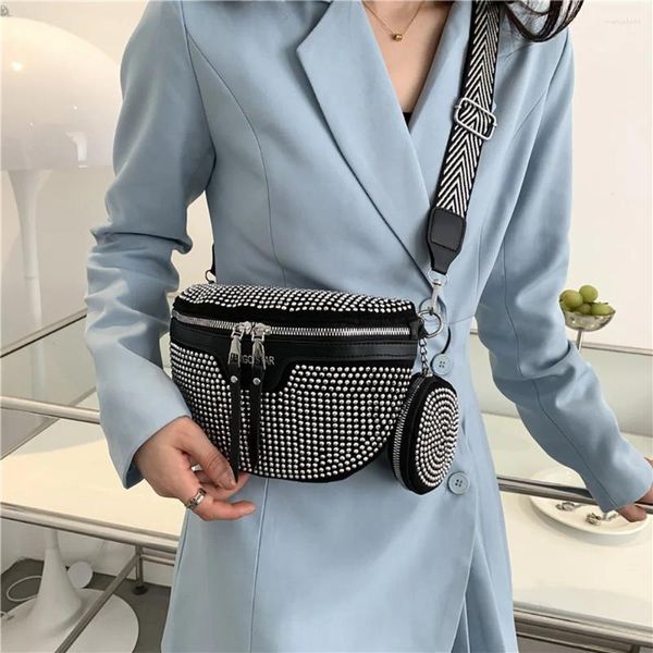 Bolsos de hombro Bolso de cinturón de cintura con diamantes de imitación de moda para mujer Paquete de pecho de cuero PU cruzado