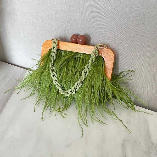 Bolsos de hombro Pluma Fiesta de madera Tarde Acrílico Mango Cadena Embrague para mujeres Monederos y bolsos Hombro Crossbody 2023 Moda 230426