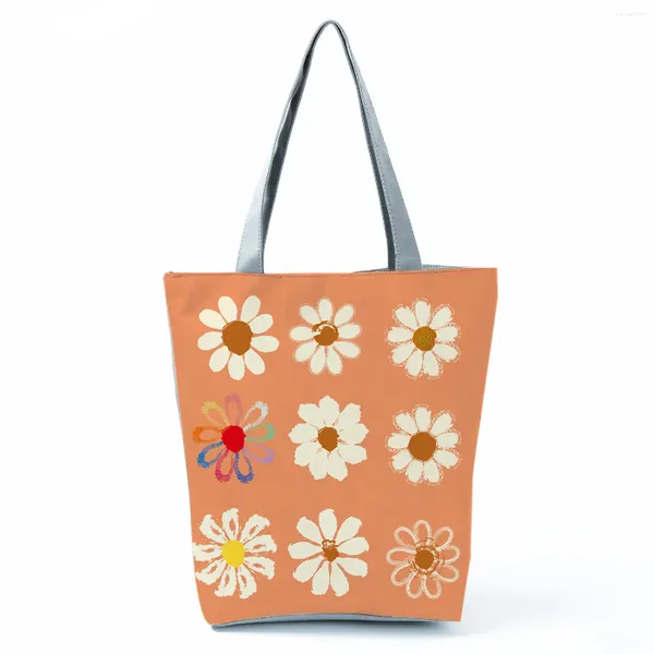 Bolsos de hombro Daisy Bolsos estampados Eco reutilizables bolso de compras Toteo de alta capacidad para mujeres Naranja Travel Beach Almacenamiento