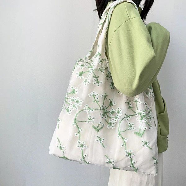Sacs à bandouliers Fleur Broidery Mesh Lace Canvas Sac Femmes de grande capacité Étudiant Bookbag Bage Vacation Handsbag Shopping