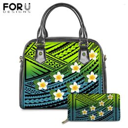 Sacs à bandouliers forudesignens Fashion Pu Totes Sac pour femmes Tonga Ethic Tribe Style avec gradient Plumeria imprimés Femme Handbagpurse Set