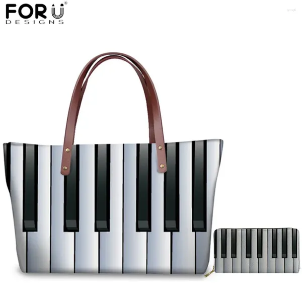 Sacs à bandouliers forudesignens Tote Women Piano Clavier 3D Print Handbags Music Note Amateur Luxury Top-Handle Sac avec portefeuille en cuir