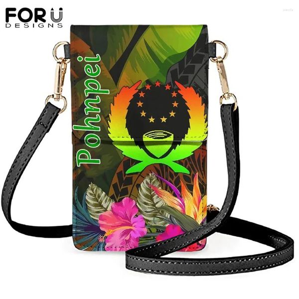 Sacs à bandouliers forudesignens Femme Sac pour téléphone Pu Leather Pohnpei 3D Imprimé Femelle Purse Purse Cross Girls Mini Mobile Pouche