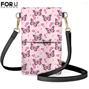 Bolsas de hombro forudesigns Women Crossbody Celular Pink Color Rosa Mariposa impresa casual Moned Monedas Messenger Outdoor Bolsa