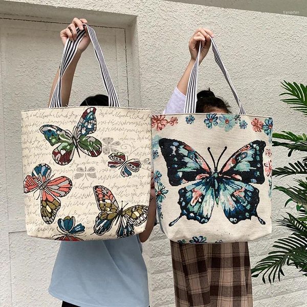 Bolsas de hombro Bolsa de asas impresa mariposa fresca para las mujeres Lino Faric Damas al aire libre Casual Compras plegables