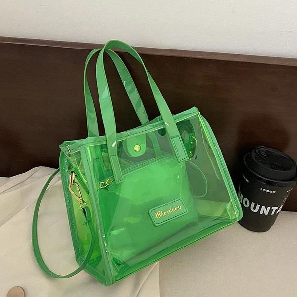 Bolsas de hombro Bolsa de PVC transparente verde para mujeres Eco Transparente Shopper Bolso 2024 Viaje de verano Crossbody Beach Sac A Main