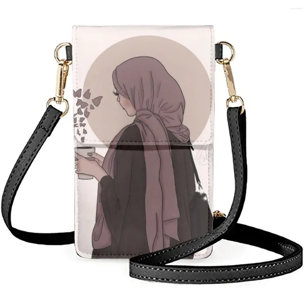 Bolsos de hombro Hijabi para chica musulmana, bolso para teléfono móvil, estampado de dibujos animados Natural, bolsa larga personalizada informal para mujer