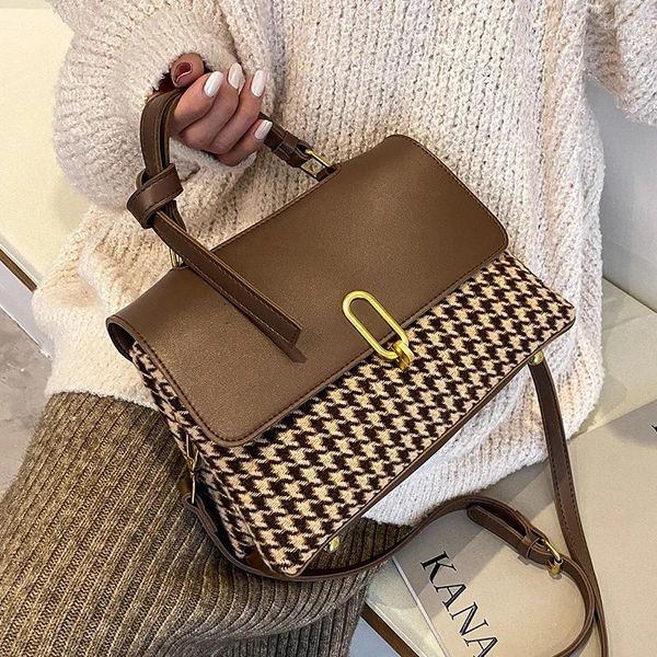 Sacs à bandouliers Jchensj Patchwork Houndstooth Women's Sac de style français carré d'automne brun messager femelle sac à main