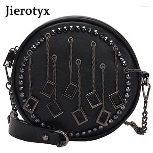 Bolsas de hombro Jierotyx Black Punk Remache PU Cuero Crossbody Mujeres 2024 Moda Cadena Redonda Monederos Bolsos Travel Messenger Bag Clutche