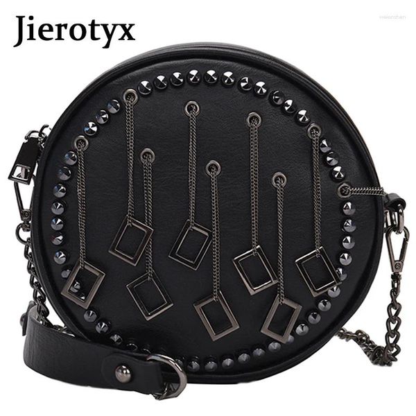 Sacs à bandoulière JIEROTYX noir Punk Rivet PU cuir bandoulière femmes 2024 mode ronde chaîne sacs à main sacs à main voyage messager sac pochette