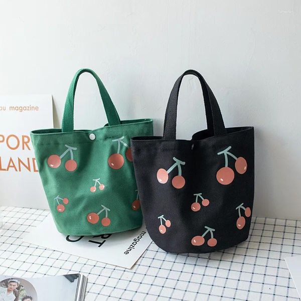 Bolsos de hombro, bolso de lona coreano, cubo para mujer, fiambrera portátil de alta capacidad, bolsos de tela de cereza japonesa Kawaii para mujer