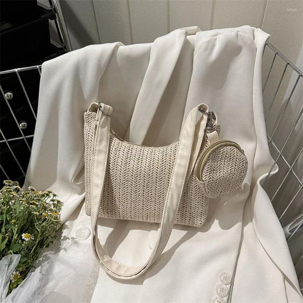 Bolsos de hombro Bolso tejido para mujer Mensajero de paja hecho a mano Moda con bolso pequeño Casual Simple Portátil Elegante Playa de verano