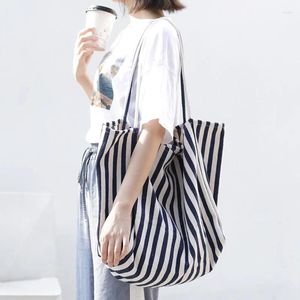 Schoudertassen Canvas Damestas met grote capaciteit 2024 Retro Eenvoudig Gestreept Multifunctioneel Casual Open Tote Shopping