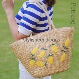 Sacs à bandoulière Grande capacité sacs fourre-tout d'été pour femmes motif citron sac de paille brodé bohème plage fête grands sacs à main sac à bandoulière H24219