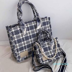 Bolsos de hombro Bolso de diseñador de lujo Bolso de mano a cuadros de color Bolso de compras de moda para mujer Pañuelo de seda de perlas azul oscuro informal Bolso bandolera de lona