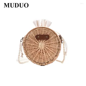 Sacs à bandouliers manuels Muduo Roard tissé fait à la main rond petit bowknot de tournesol motif de plage sac rétro paille circulaire tressée