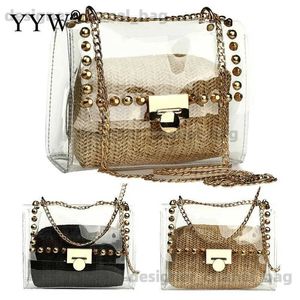 Bolsos de hombro Recién Bolso de doble capa Transparente Trigo Str Mujeres Cadena de metal Bolso cruzado Verano Rattan Tejido Seaside Beach Tote Monedero T240301