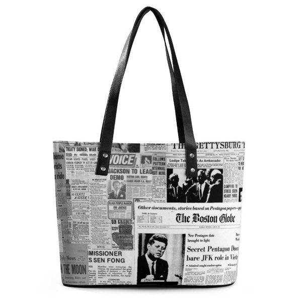 Bolsos de hombro Periódico Collage Bolsos Viejos periódicos estadounidenses Bolso de hombro de cuero de PU Bolso de mano con estampado de comestibles para estudiantes Bolsos de compras casuales 230705