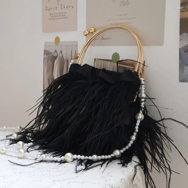 Sacs à bandoulière en cheveux d'autruche, sac de Banquet, sacs à main de luxe de styliste, pochettes à chaîne avec perles, fête de mariage pour femmes