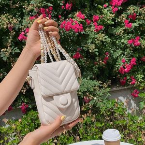 Schoudertassen parel ketting pu lederen tas dames 2024 zomerstijl mode messenger telefoont telefoontjes schattige zijtafels