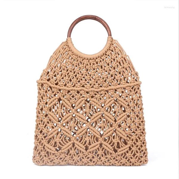 Bolsos de hombro Popula Cabeza de algodón Bolsa de paja hueca Correo de macrame Correo de madera Ratán Neta Vintage Retro Chic bolso