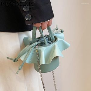 Schoudertassen ruches ontwerp mooie gesplitste emmertas kleine pu lederen dames schattig meisje crossbody dagelijkse handtas