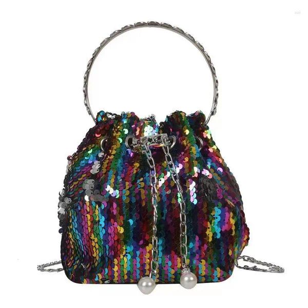 Bolsos de hombro con lentejuelas para mujer, bandolera de diseñador de cubo, bolsos de playa para mujer, bolso con cadena con cordón, 2024