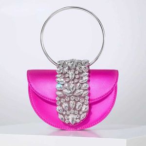 Schoudertassen glanzende strass halve ronde satijnen vrouwen elegante boetiek metalen ringgreep avondkoppeling portemonnees en handtassen bruiloftsfeest 230426