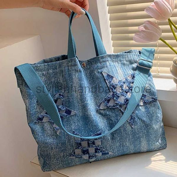 Bolsos de hombro Bolsos de compras Bolso con parche de pentagrama de moda Bolso de cuerpo horizontal de mezclilla Bolso de hombro vintage para mujer Bolso de viaje con capacidadstylishhandbagsstore