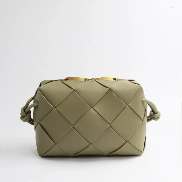 Bolsos de hombro de Color sólido para mujer, bolso cuadrado pequeño tejido de cuero genuino, bandolera de alta calidad, bolso para cámara de diseñador