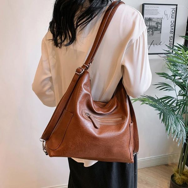 Bolsos de hombro de cuero PU liso para mujer, bolsos clásicos simples para mujer, bolsos informales Vintage de gran capacidad, bolsos negros