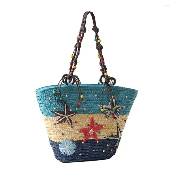 Bolsos De Hombro Bolsos Tejidos De Estrella De Mar Bolso De Paja Bohemio Con Cuentas Bordadas A Mano Moda De Verano Casual Simple Elegante Para Viajes Vacaciones