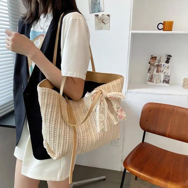 Bolsos de hombro Paja Boho Cordón coreano Arco Bolso de cubo de gran capacidad Bolso de moda