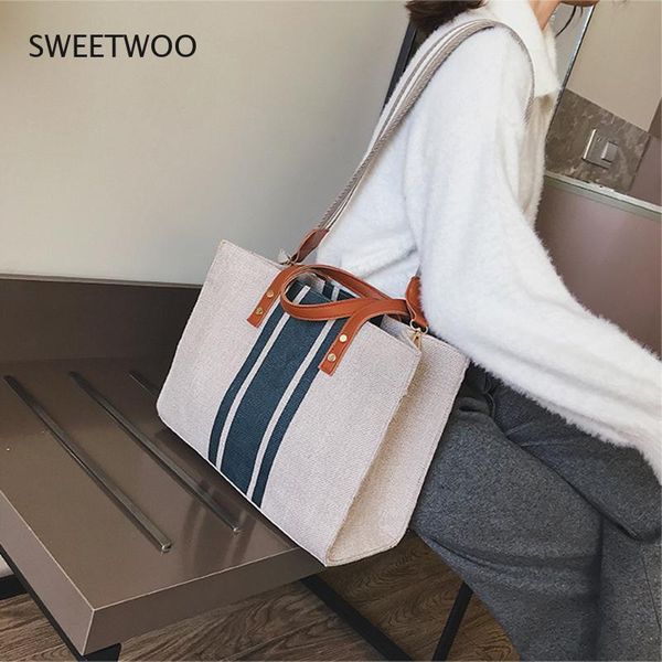 Bolsos de hombro de lona a rayas para mujer, bolso de mano a la moda, bolso informal para mujer, maletero elegante Retro para mujer, mensajero grande