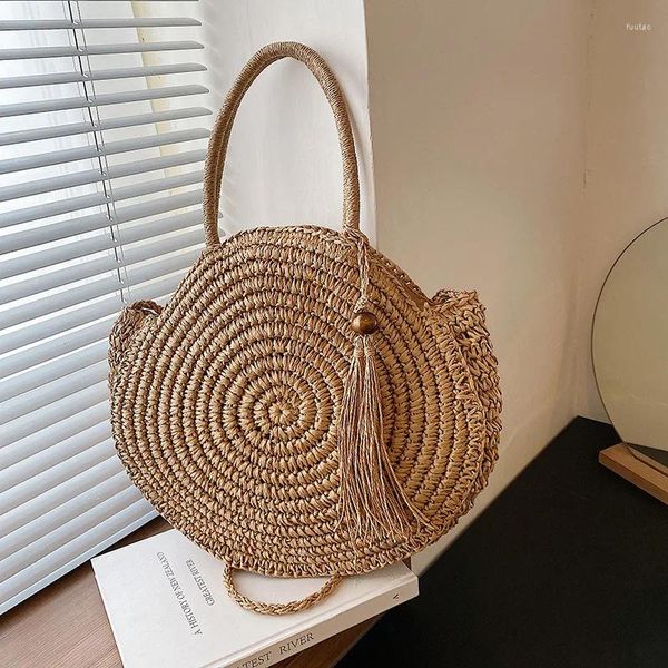 Bolsos de hombro bolsas de playa de verano paja redonda para mujeres ratán viajar a mano tejido tejido de gran capacidad bolso de comprador femenino