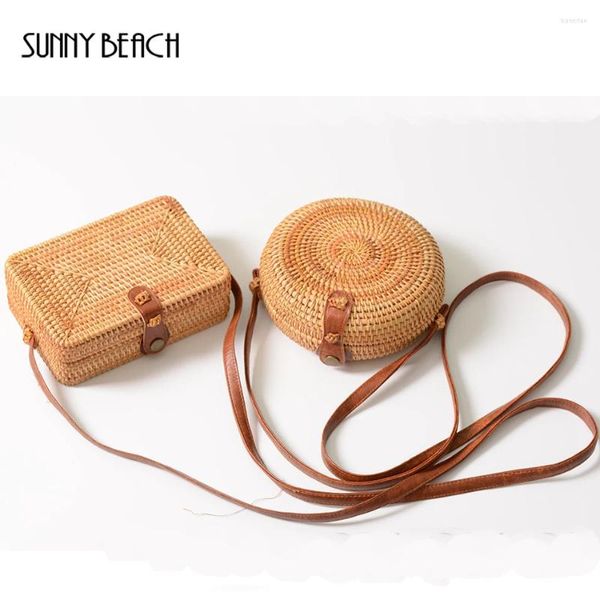 Bolsos de hombro SUNNY BEACH Summer Mini Messenger Bag Bolsos de bambú redondos hechos a mano Caja circular de ratán Bali Bohemia Mujer Paja