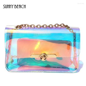 Schoudertassen zonnig strand transparante hologram laser tas vrouwen handkoppelingen pvc dames ketting messenger kruislichaam