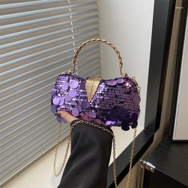 Sacs à bandouliers Sac de soirée à paillettes violet en argent en or à la mode pour femmes Chaîne Crossbody Fashion Metal Handlebag Handsbag Claquettes