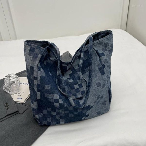 Bolsos de hombro Grid de moda Denim Grande Mujeres bolsos y carteras Jeans Hobos Bolsa de compras Damas de alta calidad