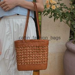 Sacs à bandoulière Vintage 100% cuir de vachette pur sac tissé à la main femmes vacances ins vente chaude français élégant panier de légumes tissé creux-outH24217