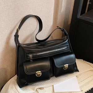Schoudertassen Vintage Big Bag Multi Pocket Soft Pu Leather Ladies Hand For Women 2024 Luxe designer portemonnees en handtassen Purse